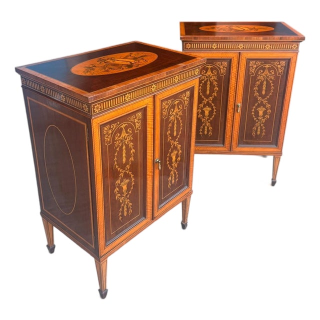 Pair of Early 20th Century Federal Revival Inlaid Marquetry Nightstands / Bedside Cabinets For Sale