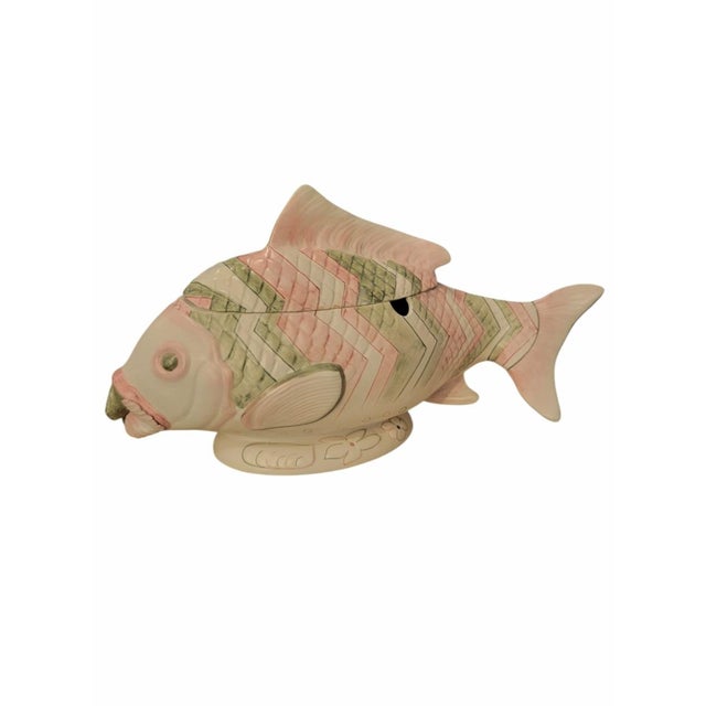 1990s Vintage Italian Ceramic Large Pink Green Fish Form Regency Soup Tureen Covered Serving Dish For Sale - Image 5 of 14