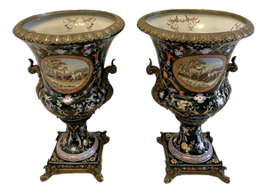 Large 19th Century Porcelain and Ornate Brass Mounted Vases, 1880, Set of 2