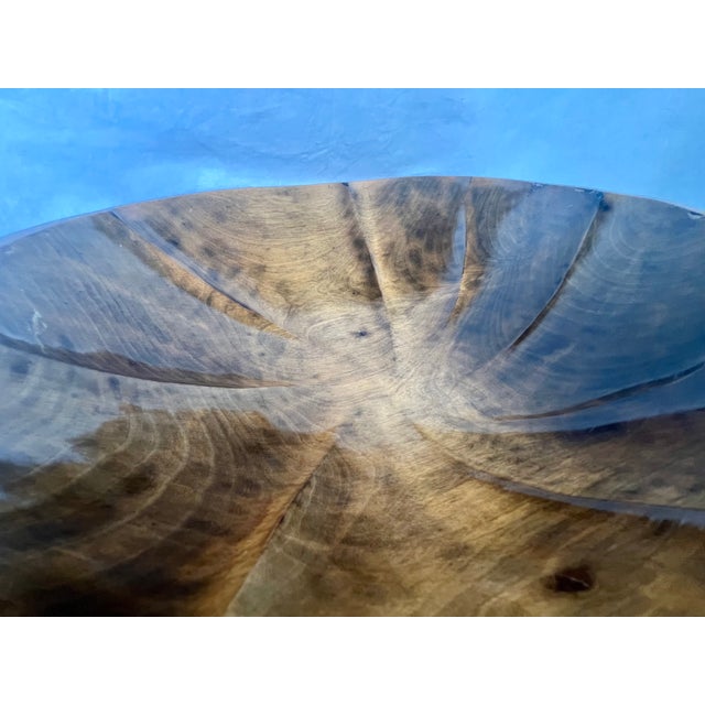 Large 16" Mid 20th Century Hand-Carved Figured Wood Scalloped Centerpiece Bowl For Sale - Image 9 of 9