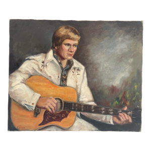 Original Vintage Male Musician Portrait Playing a Guitar, Signed Painting