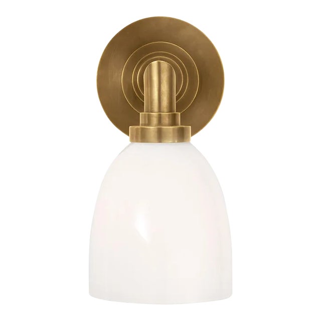 Chapman & Myers for Visual Comfort Signature Wilton Single Bath Light in Hand-Rubbed Antique Brass with White Glass For Sale