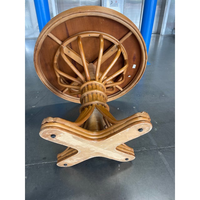 Faux Bamboo Rattan Pedestal Dining Table With Glass Top For Sale - Image 10 of 12