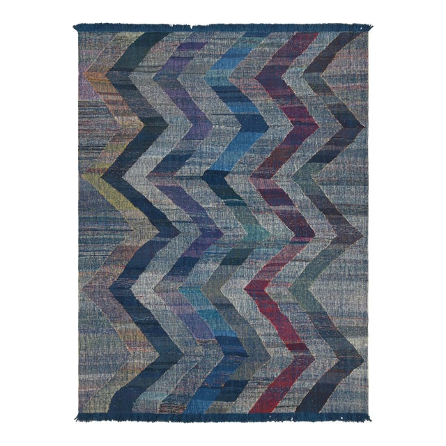 Rug & Kilim's Modern Kilim Wool Blue Purple and Gray Chevron Pattern For Sale