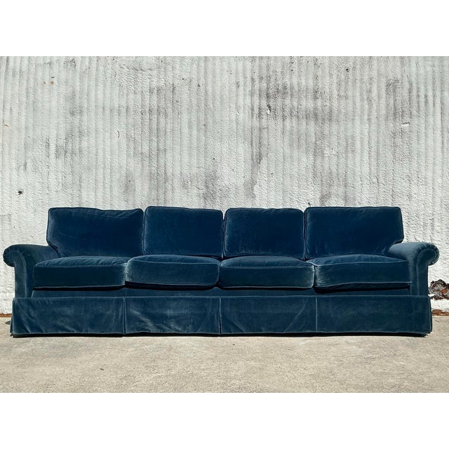 Vintage Regency Cerulean Velvet Down Long Sofa After Ferrell For Sale - Image 11 of 12