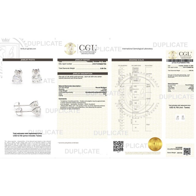 White Natural 2 Carat Round Diamond 14k White Gold Screw Back Martini Stud Earring For Sale - Image 8 of 10