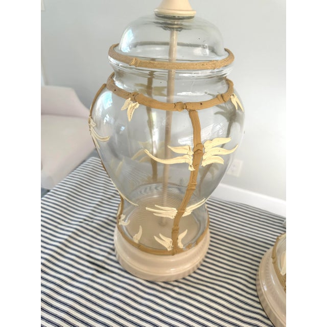 Hollywood Regency 1980s Large Glass Lamps With Tan Faux Bamboo Icing - Set of 2 For Sale - Image 3 of 9