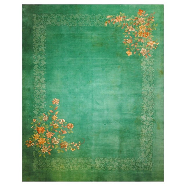 Emerald Green Rug with Cascades of Flowers and Ton Sur Ton Decoration, 1930s For Sale
