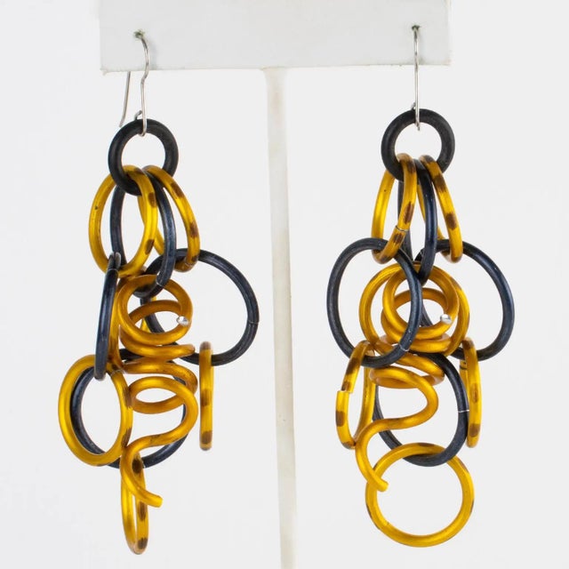 Mid-Century Modern David Spada Space Age Gold and Black Aluminum Dangle Pierced Earrings For Sale - Image 3 of 8