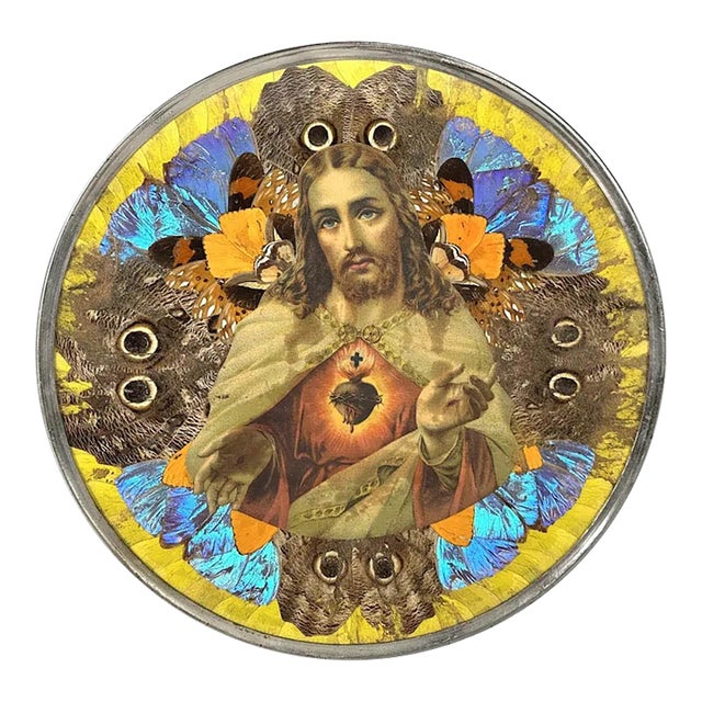 Brazilian Butterfly Wing Morpho Jesus Christ Charger C. 1950s For Sale
