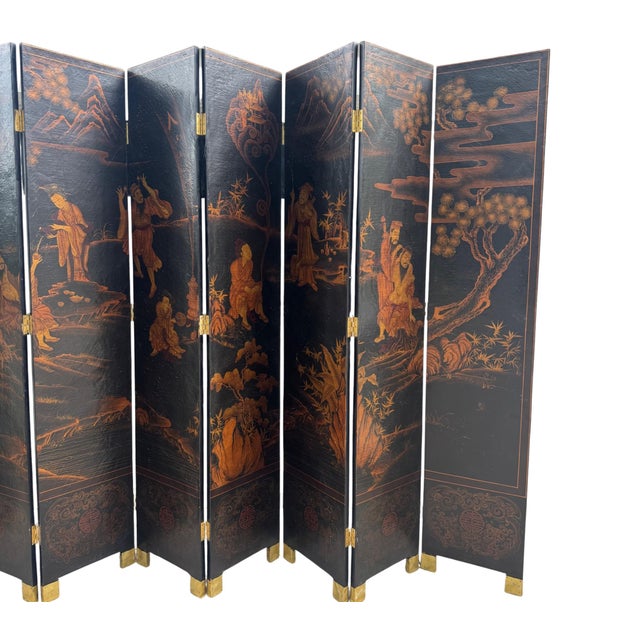 This large Chinese eight-panel black lacquer folding screen dates to the Republic Period, circa 1925–1940. The front...