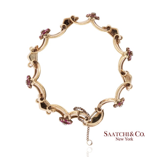 Mid 20th Century Vintage 0.15 Ct Natural Diamond and 1.20 Ct Ruby Bracelet in 14k Rose Gold For Sale - Image 5 of 12