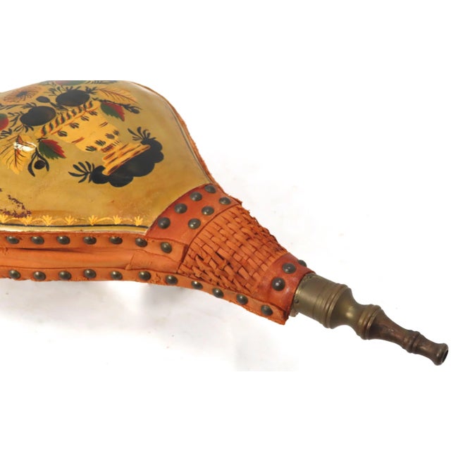 Mid 20th Century Vintage Tole Style Hand Painted Wood Leather & Brass Fireplace Bellows For Sale - Image 5 of 13