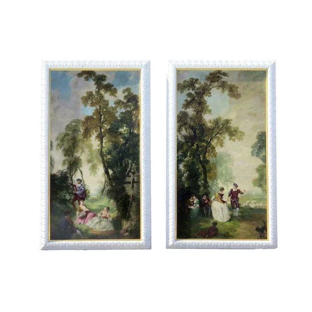 Pair of oil paintings depicting romantic French genre scenes. EX Denver Mansion c 1920. Site: 48" x 90" Frame 57 1/2" x 98"