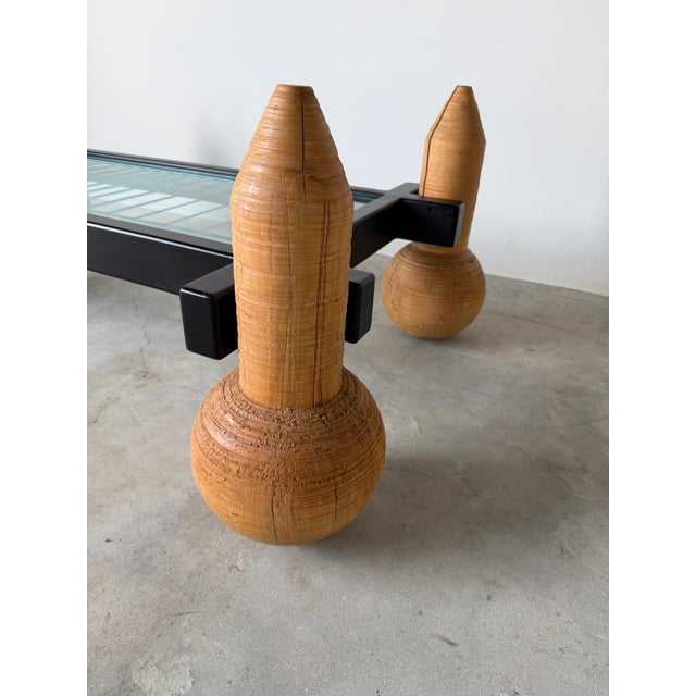 1980s Italian Postmodern Sculptural Turned Wood & Glass Two-Tier Rectangular Coffee Table For Sale - Image 12 of 17