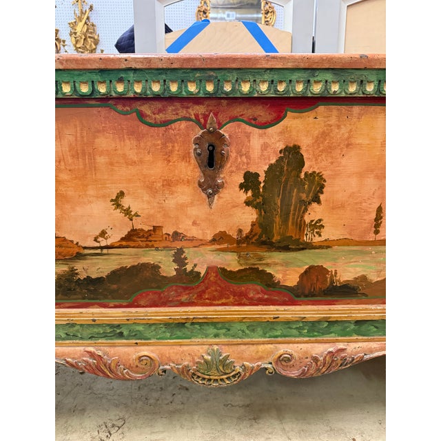 Circa 1900 Continental cabriole leg Dower chest. Vibrant hand painted Italian classical scenes. Old hardware with lock but...