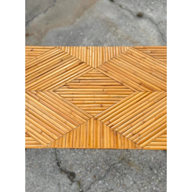 Boho Chic Modern Spilt Reed Console Table With Geometric Motif For Sale In Tampa - Image 6 of 13