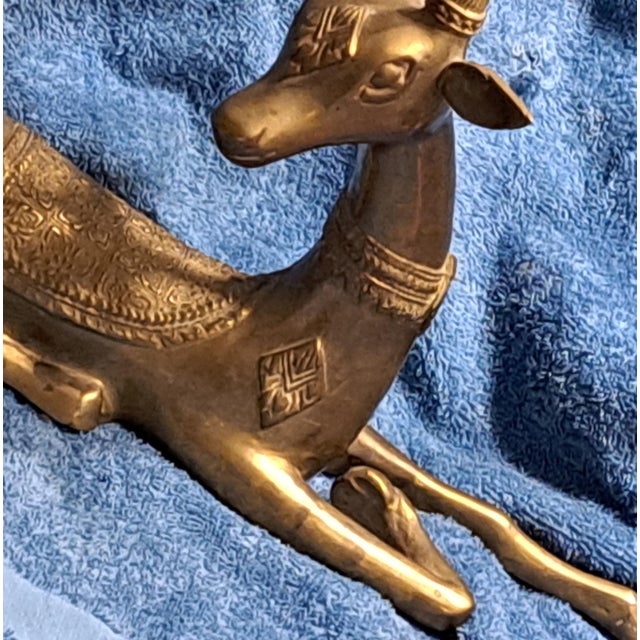 Brass Hollywood Regency 2 Brass Ornate Large Deer Statues Figurines For Sale - Image 8 of 12