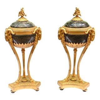 Marble Vases with Gilt Rams Heads, 1880, Set of 2 For Sale