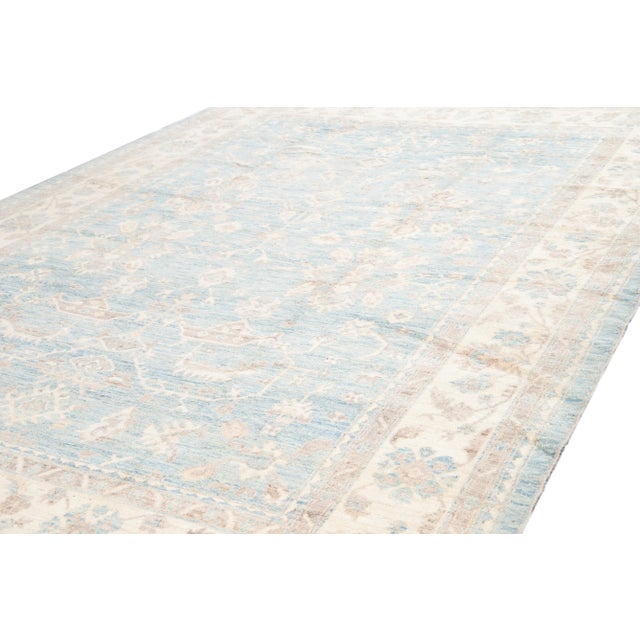 2010s Modern Turkish Oushak Handmade Blue and Beige Wool Rug For Sale - Image 5 of 11
