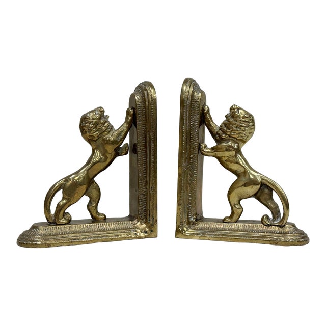 Vintage 20th C Brass Lion Bookends For Sale