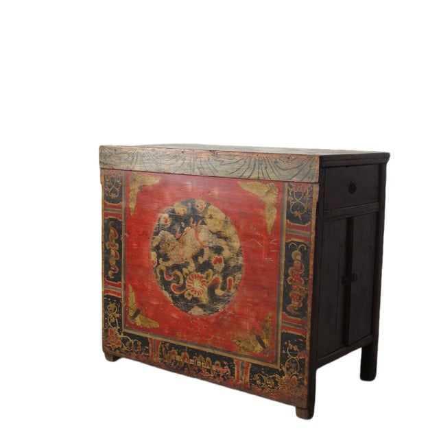 Late 19th Century Hand Painted Circle of Mystic Bird Antique Gansu Tibetan Cabinet 2 For Sale - Image 4 of 10