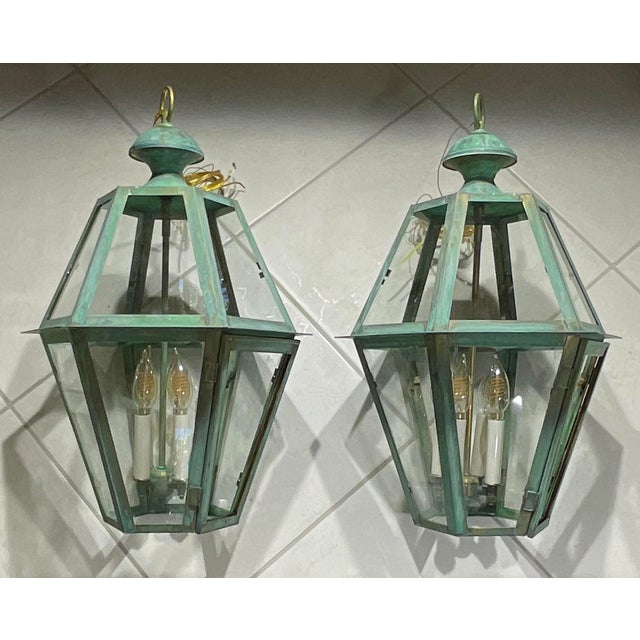 Exquisite Pair of Vintage Solid Brass Hexagonal Hanging Lanterns - 24” X 16” For Sale - Image 15 of 16