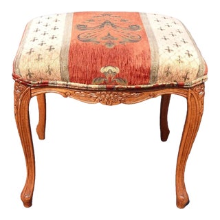 Vintage Bench French Country W Orange Floral Stripped Fabric Footstool Ottoman For Sale