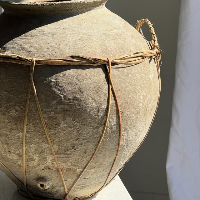 Ceramic Large Grey and Brown Terracotta Pot with Rattan Handles and Crossbars, 1960s For Sale - Image 7 of 11