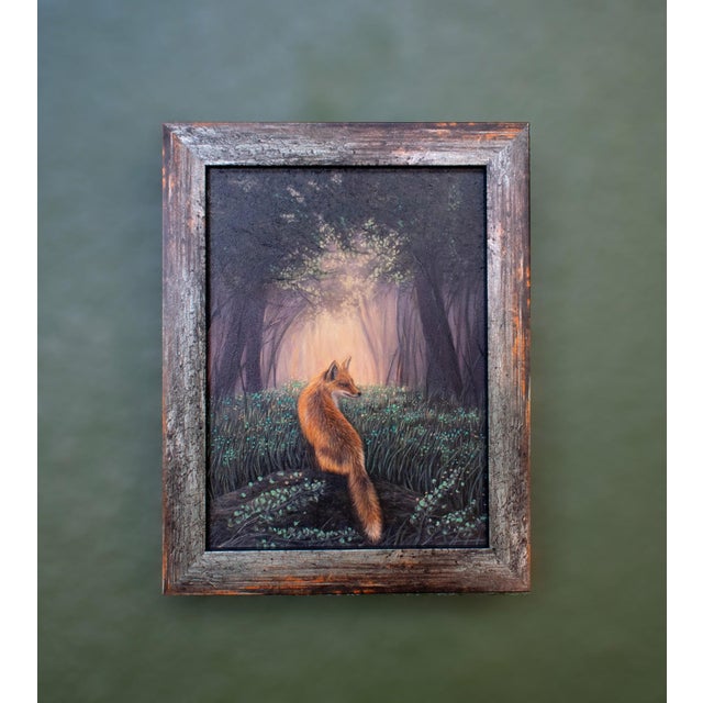 In "Fox's Trail," a solitary fox is depicted in a lush, verdant setting, its fur glowing with warm hues against the cool,...