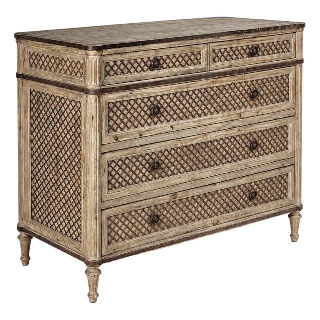 French Louis XVI Style Lattice & Painted Chest - Restoration Hardware Treillage For Sale