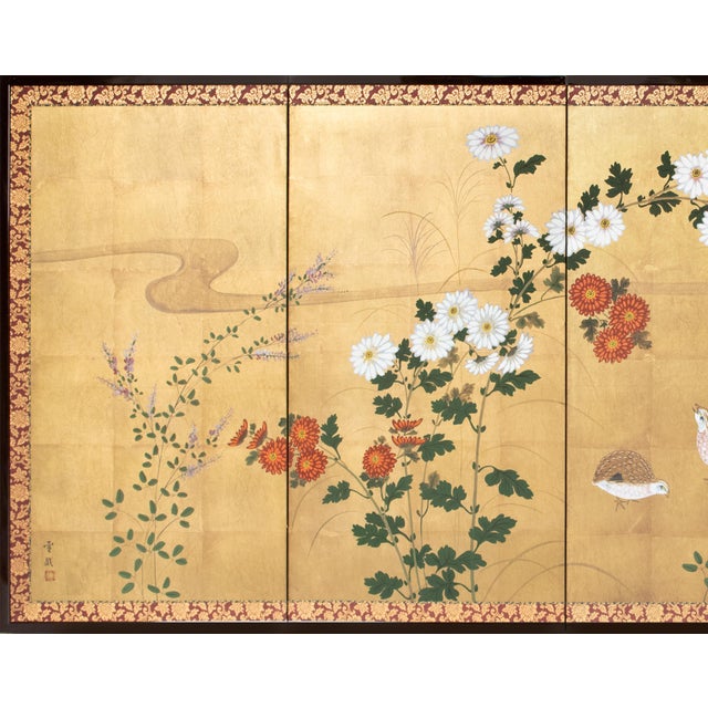 Japanese "Chrysanthemums and Quail" by Setsuga, 1980s Japanese Byobu Screen For Sale - Image 3 of 18