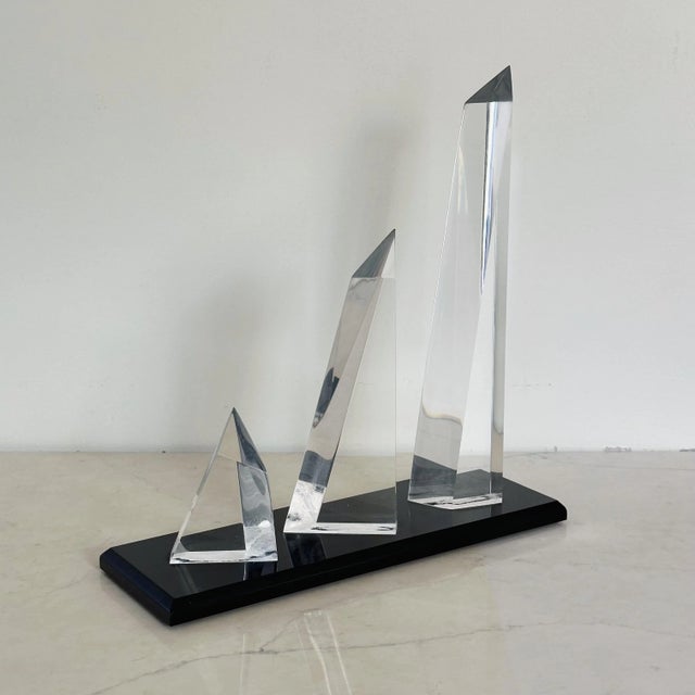 1980s Post-Modern Crystal Sculpture in Graduated Sizes Mounted on Black of Lucite, Signed For Sale - Image 5 of 11