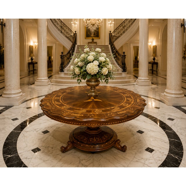 An exceptional and large Irish Killarney marquetry inlaid centre table in beautifully figured yew wood, a striking...