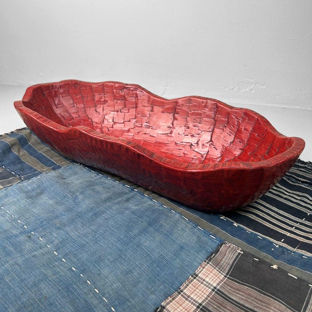 Japanese Hand-Carved Red Lacquered Wooden Bowl, 1950s For Sale - Image 6 of 18