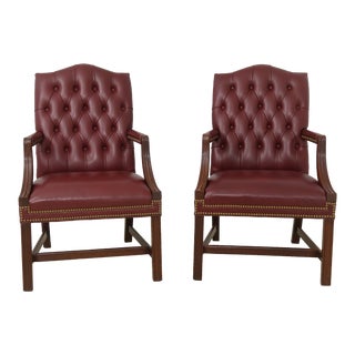 Pair Hancock & Moore Burgundy Leather Chippendale Armchairs For Sale