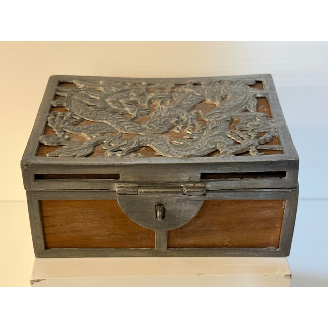 Chinese Vintage Chinese Dragon Relief Wood & White Metal Decorative Trinket Box For Sale - Image 3 of 12