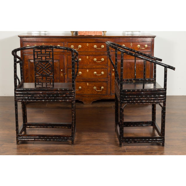 Pair of Chinese Ming Dynasty Style 1920s Horseshoe Back Bamboo Armchairs For Sale In Atlanta - Image 6 of 9