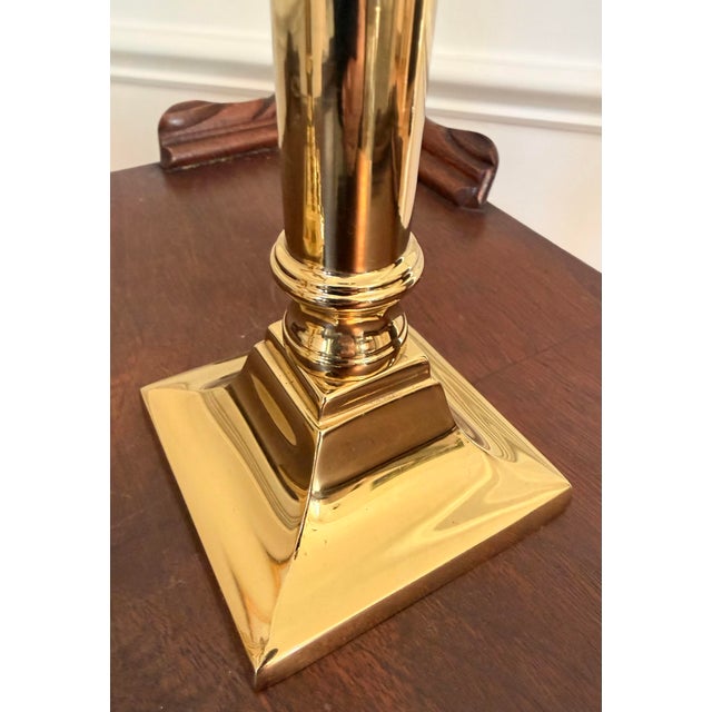Hollywood Regency Pair of Vintage Polished Brass Neoclassical Column Candlesticks- Heavy For Sale - Image 3 of 8