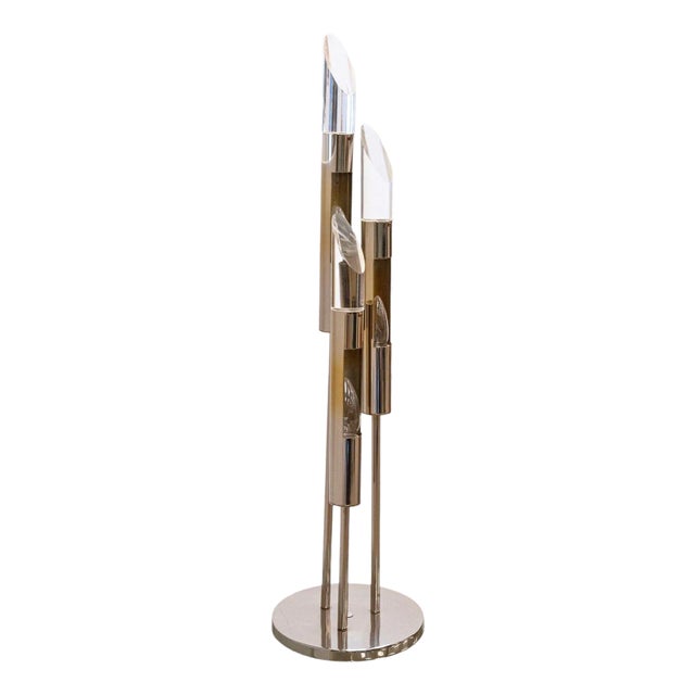 1970s Polished Chrome Three Fixture Table Lamp with Lucite Acrylic Prism Tips For Sale