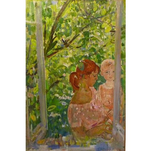 Child,Baby,Maternity,child,Mother,Green,Window,spring,russian art GLEB SAVINOV (Charkev, 1915 – St. Petersburg, 2000)...