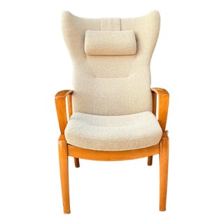 Danish Modern High Wingback Recliner Attributed to Farstrup | Cream Bouclé With Headrest Pillow | Teak Frame For Sale