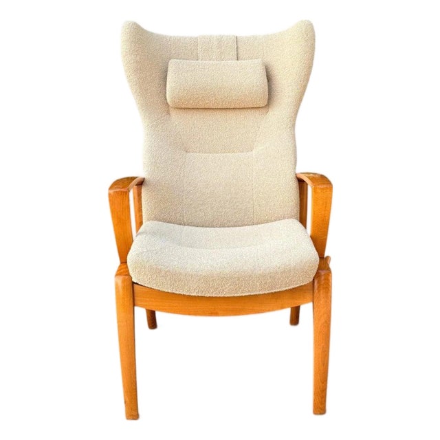 Danish Modern High Wingback Recliner Attributed to Farstrup | Cream Bouclé With Headrest Pillow | Teak Frame For Sale