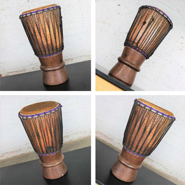 Vintage Trio of Tribal Drums Carved Wood and Animal Hide For Sale - Image 9 of 13