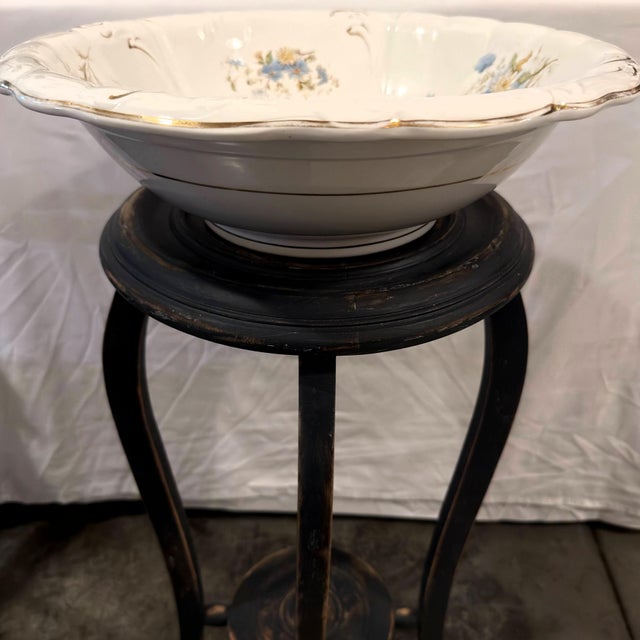 Cornflower Blue Antique Johnson Bros England "Royal Semi-Porcelain" Wash Basin With Functional Drain Hole & Stand For Sale - Image 8 of 12