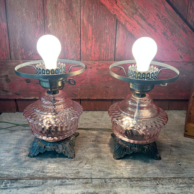 Pair of Vintage Pink Glass Hobnail Electric Lamps With Ornate Metal Bases - 10" High For Sale In Kansas City - Image 6 of 15