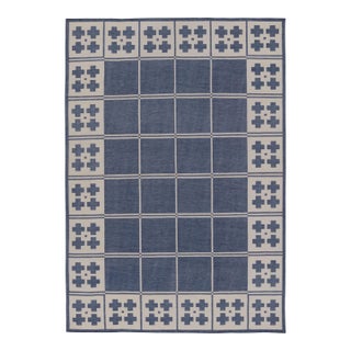 Title: Rug & Kilim’s Contemporary India Dhurrie Rug in Navy and Beige Grid For Sale