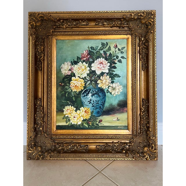 Mid 20th Century Mid Century Floral Oil Painting in Gold Ornate Frame For Sale - Image 5 of 9