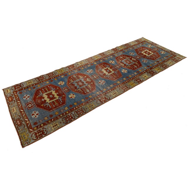 Antique Malayer Runner Rug With Geometric Medallions in Muted Blue & Rust For Sale - Image 9 of 9