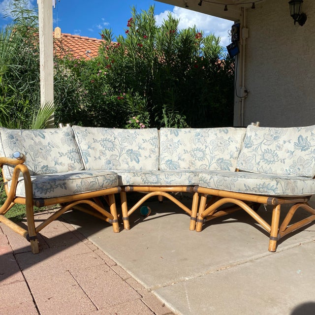 Boho Chic Vintage Outdoor Paul Frank Style Bamboo Ratan Sectional For Sale - Image 3 of 9